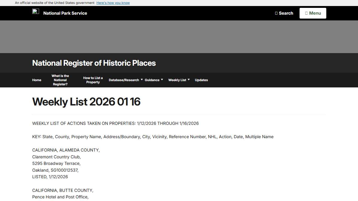 Weekly List 2026 01 16 - National Register of Historic Places (U.S. National Park Service)